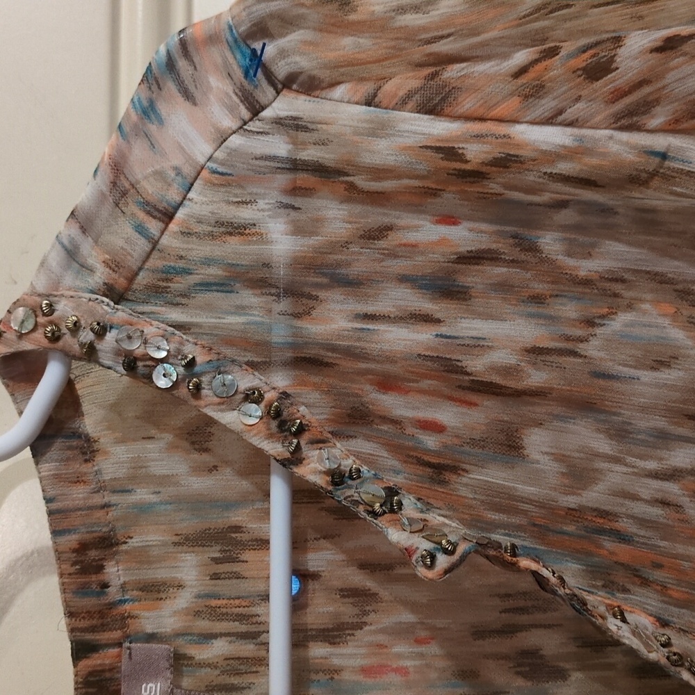 Chicos Tunic: Sheer, Abstract Print Embellished With Beads & Rhinestones, V-Neck - Picture 7 of 16